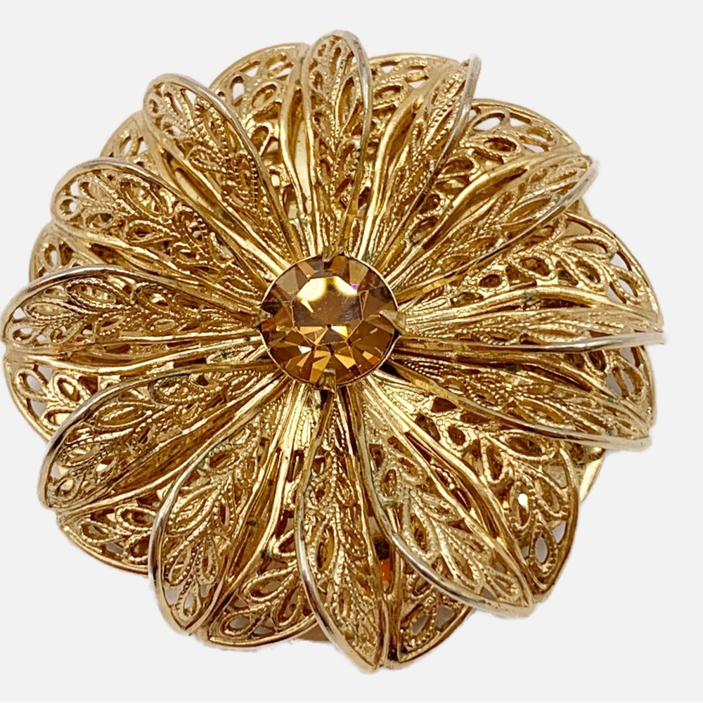 Vintage filigree flower scarf clip citrine glass stone gold tone